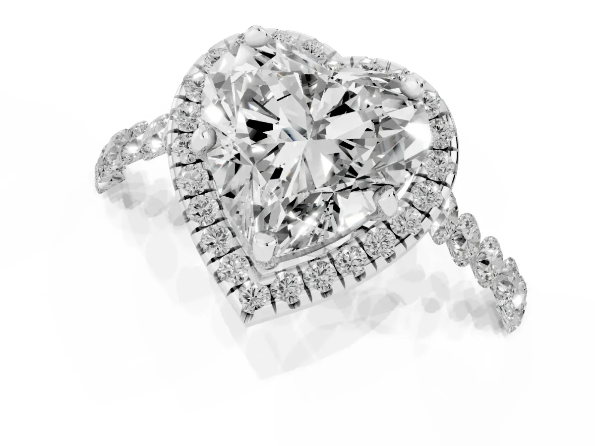 Heart Cut Halo Pavé Diamond Engagement Ring with Four-Prong Setting Silver