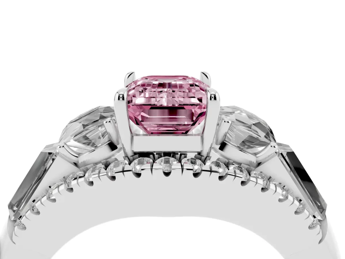 Fancy Pink Three-Stone Emerald Cut Diamond Engagement Ring with Pave Band and Prong Setting Silver