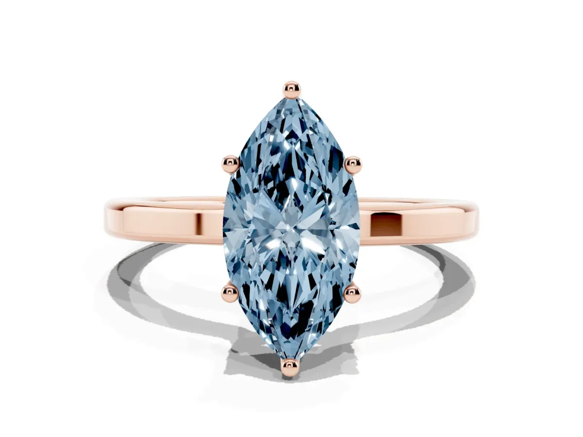 Fancy Blue Marquise Cut Cut Solitaire Engagement Ring with Four-Prong Setting on a Classic Band Rose gold