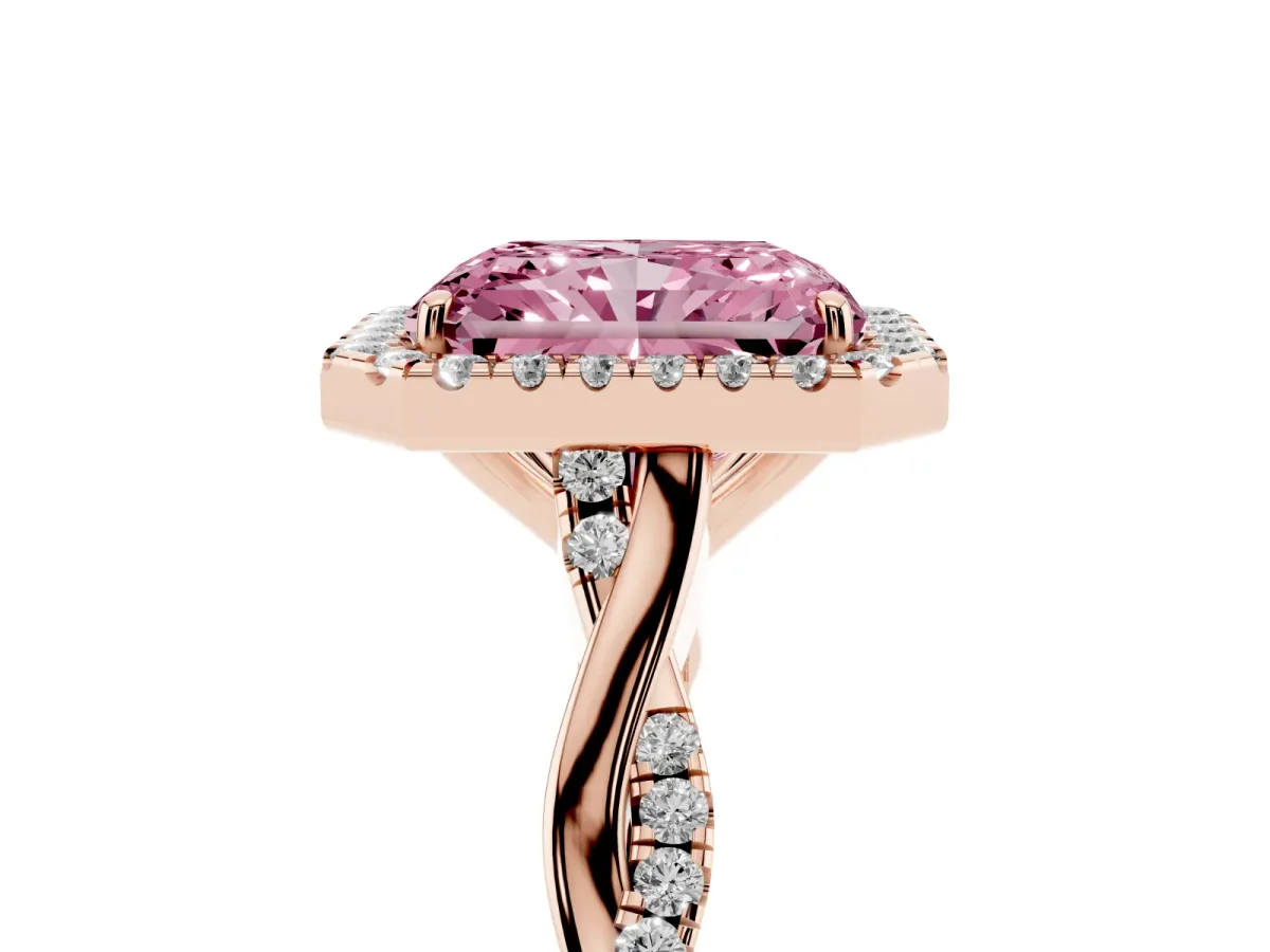 Fancy Pink Radiant Cut Halo Twist Band Solitaire Ring Rose gold