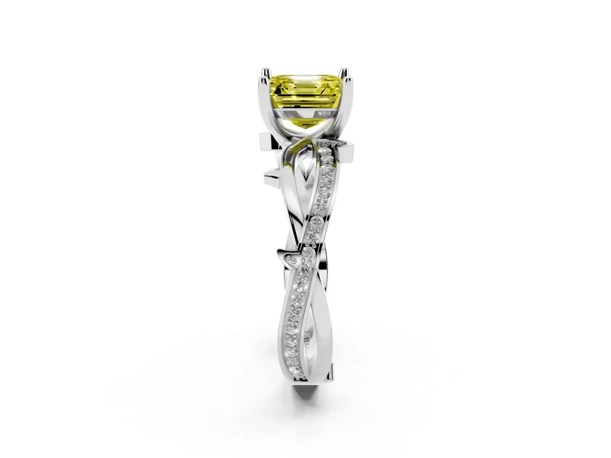 Fancy Yellow Asscher Cut Solitaire Twist Band with Pavé Accents and Four-Prong Setting Platinum