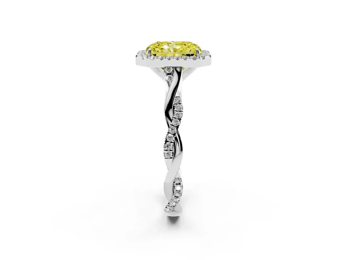 Fancy Yellow Radiant Cut Halo Twist Band Solitaire Ring Silver