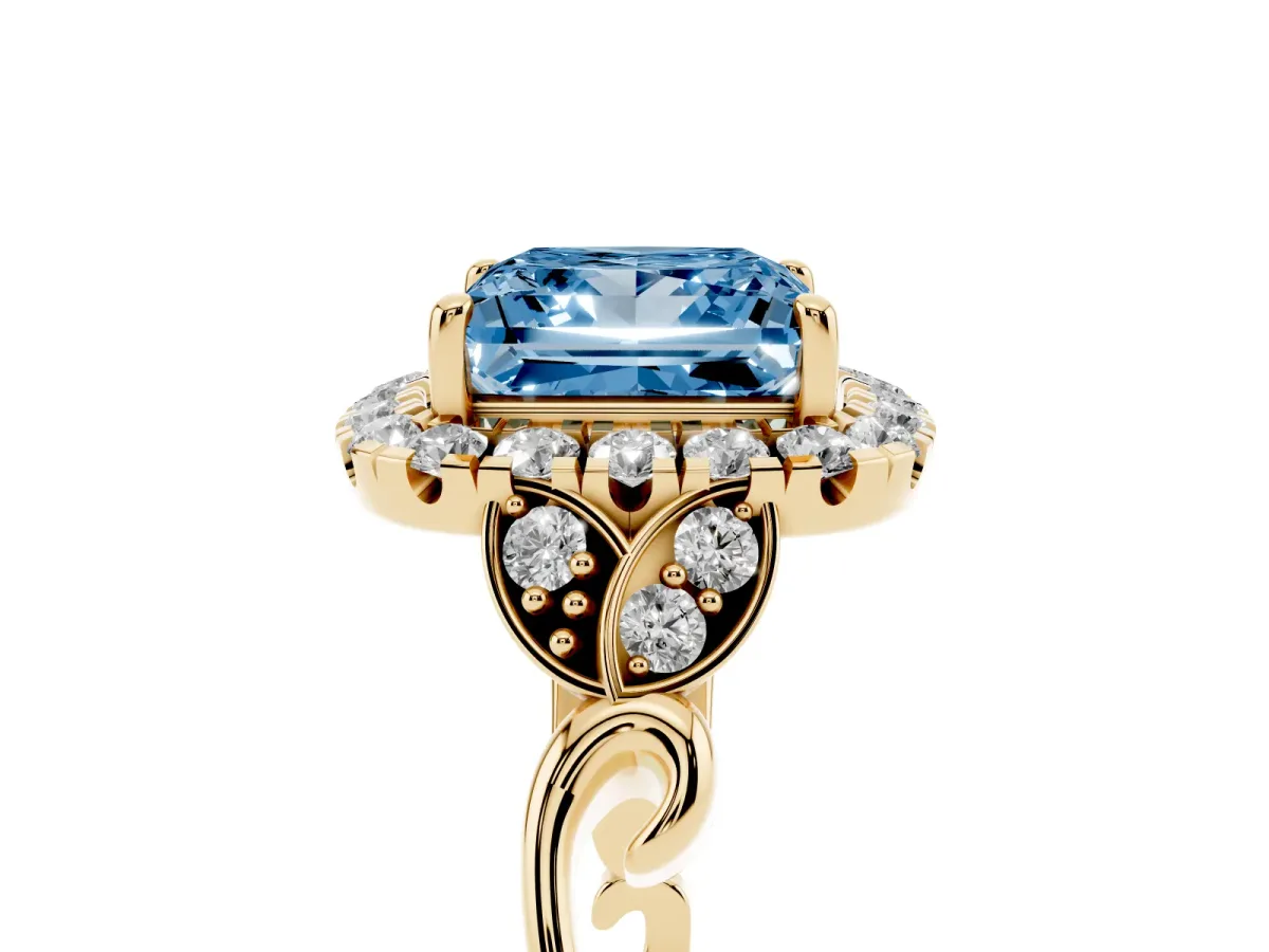 Fancy Blue Princess Cut Halo Diamond Engagement Ring with Vintage-Inspired Band and Four-Prong Setting Yellow gold