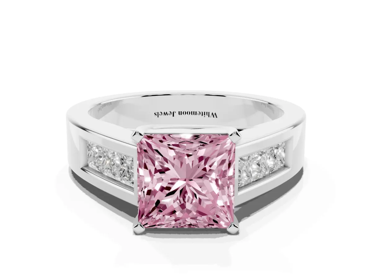 Fancy Pink Princess Cut Cut Channel Set Solitaire Ring with Four-Prong Setting Platinum