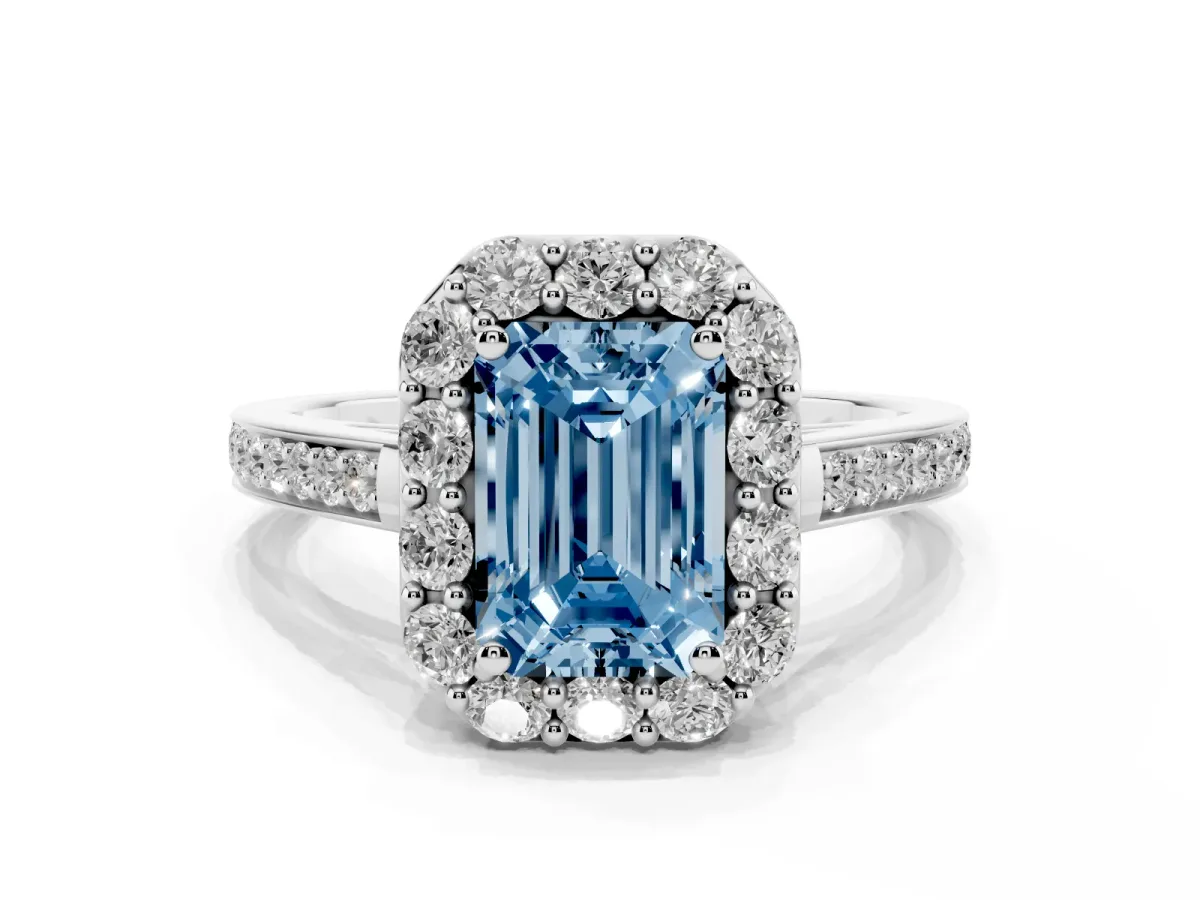 Fancy Blue Emerald Cut Diamond Floral Halo Ring with Pavé Band and Prong Setting White gold