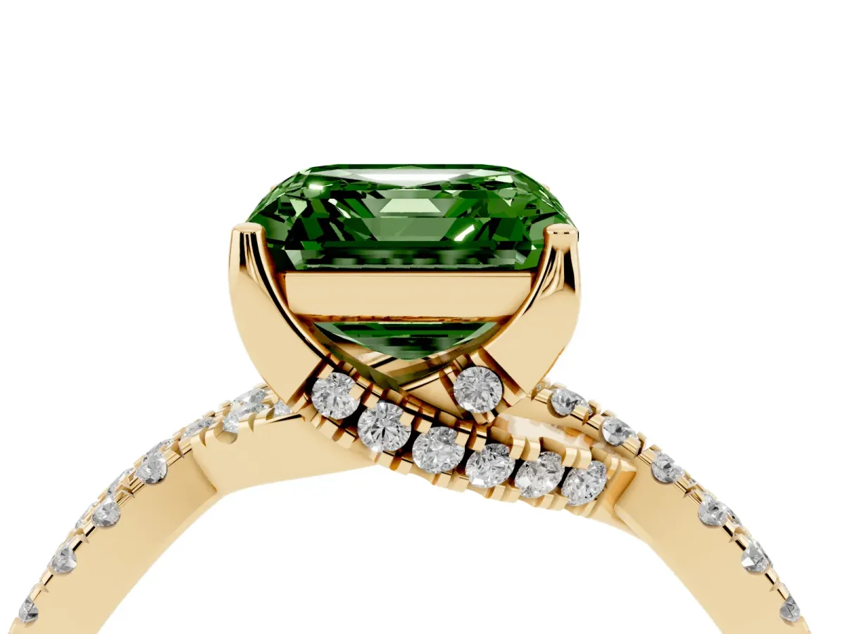 Fancy Green Asscher Cut Solitaire Twist Pave Diamond Engagement Ring with Prong Setting Yellow gold