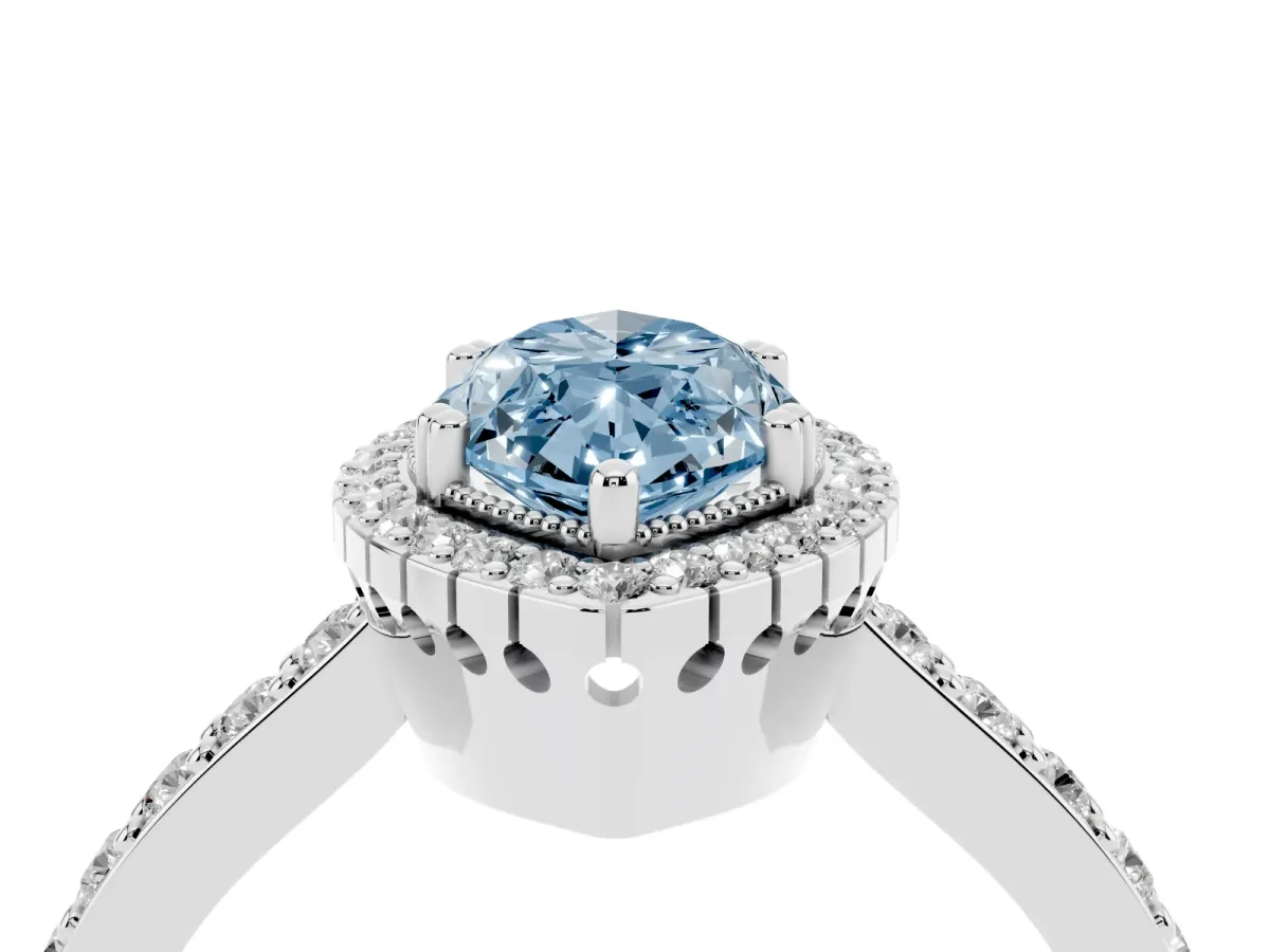 Fancy Blue Marquise Cut Cut Diamond Halo Engagement Ring with Milgrain Detail and Pavé Band White gold