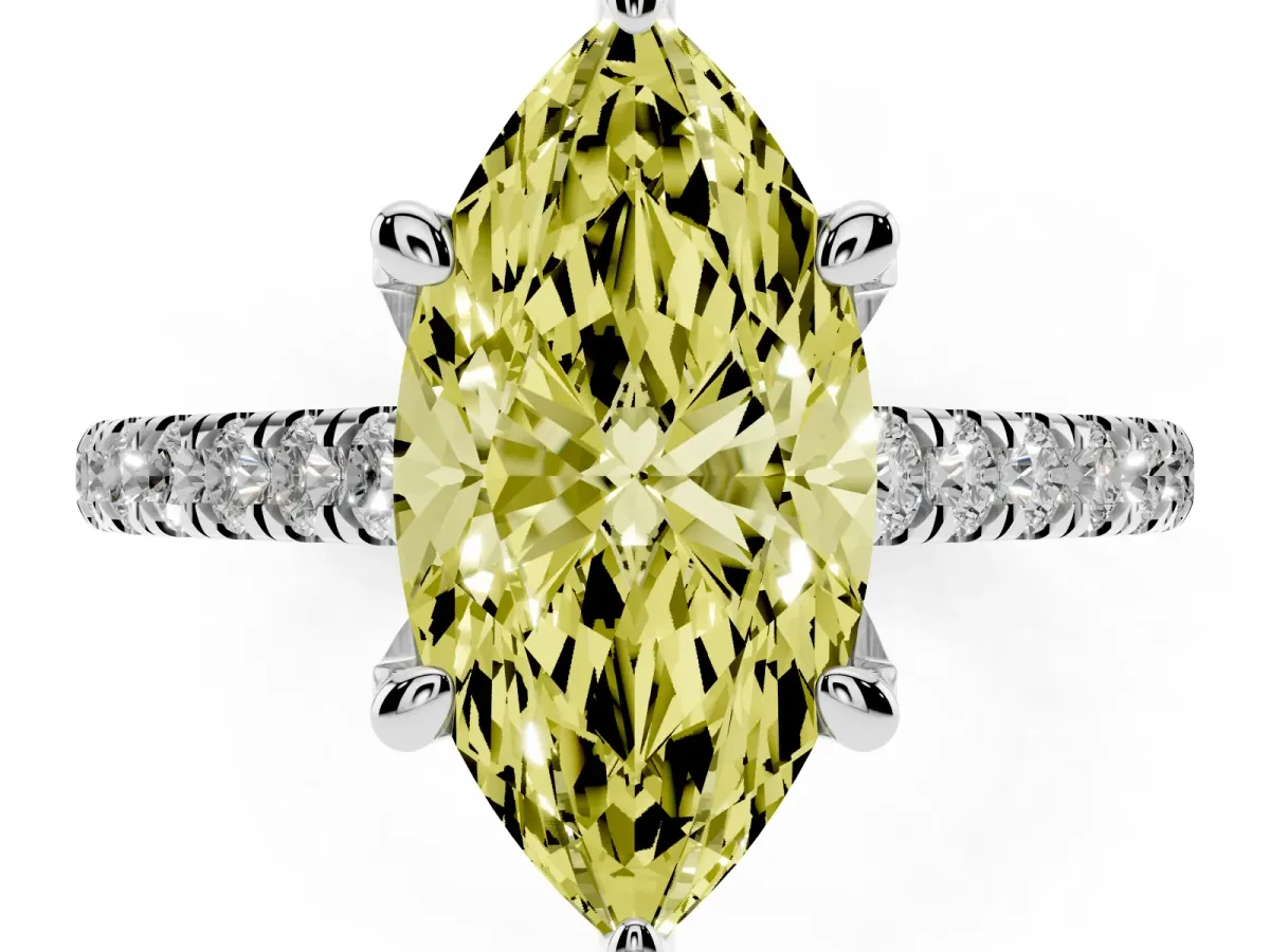 Fancy Yellow Marquise Cut Brilliant Diamond Solitaire with Pavé Band and Four-Prong Setting Silver