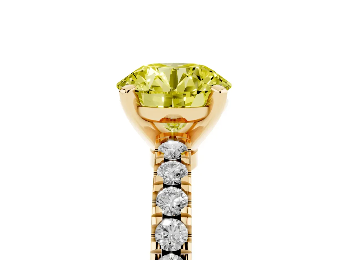 Fancy Yellow Round Cut Solitaire Diamond with Pavé Band and Four-Prong Setting Yellow gold