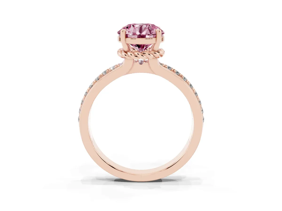 Fancy Pink Round Cut Solitaire Diamond Ring with Channel Set Band and Six-Prong Setting Rose gold