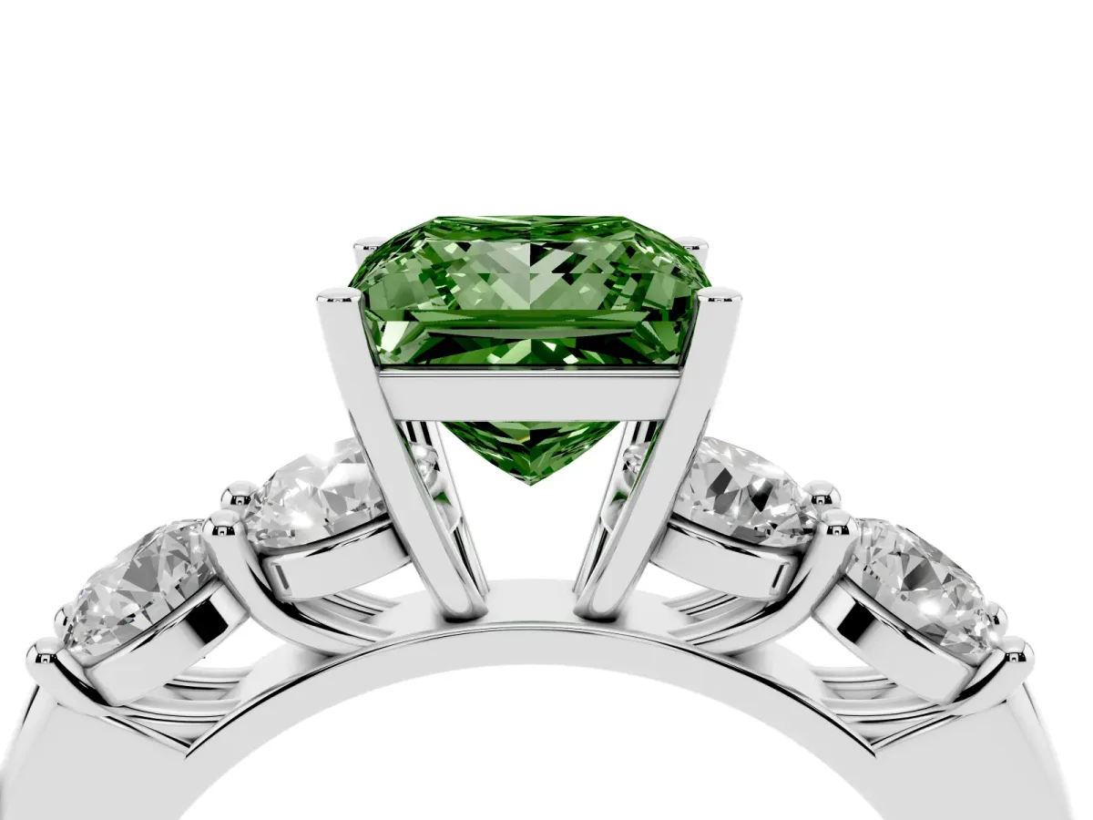 Fancy Green Princess Cut Cut Five-Stone Prong Set Diamond Ring with Classic Band Silver