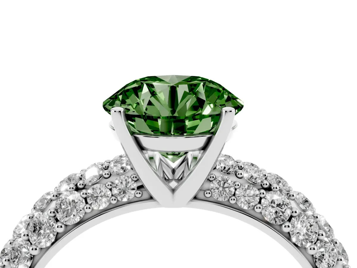 Fancy Green Round Cut Diamond Pavé Band Solitaire Ring with Four-Prong Setting Platinum