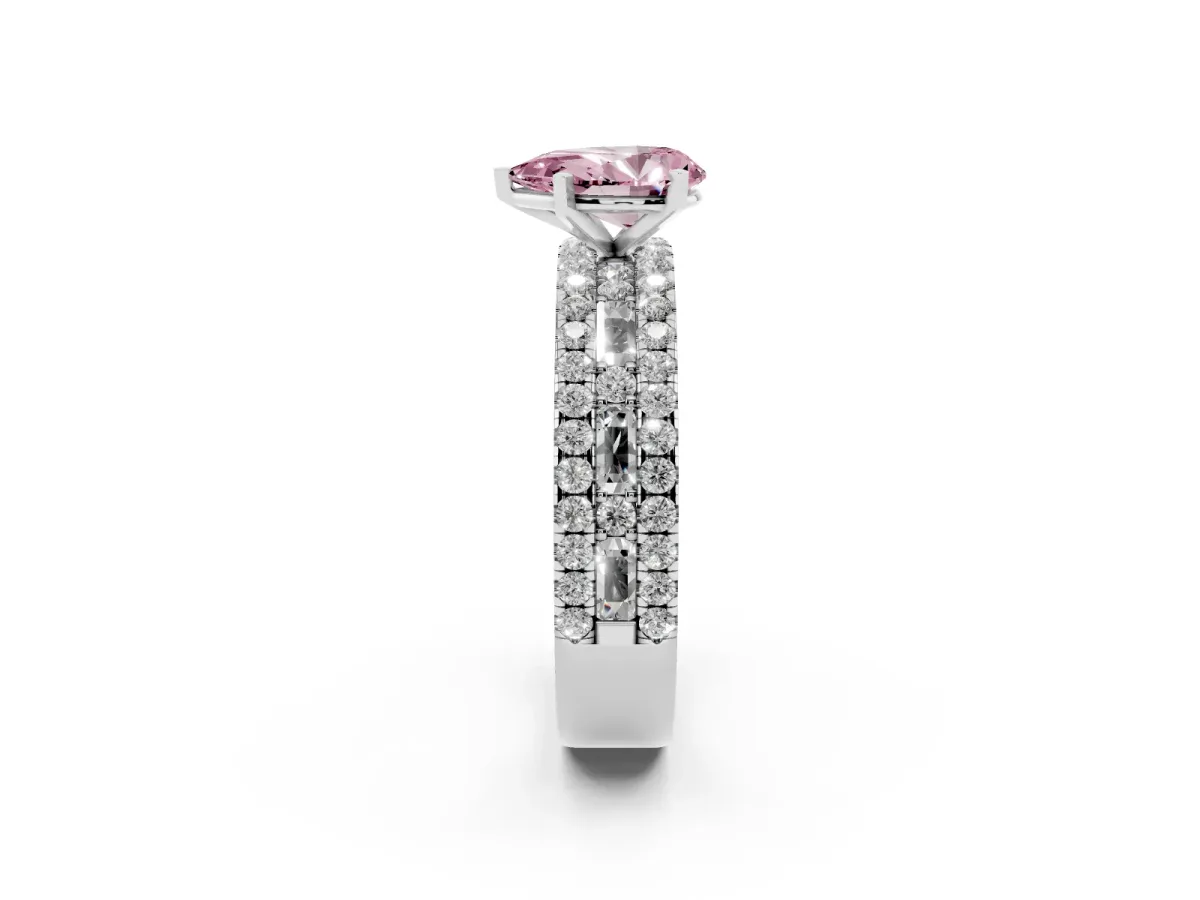 Fancy Pink Pear Cut Diamond Solitaire Ring with Pavé and Channel Set Band Silver