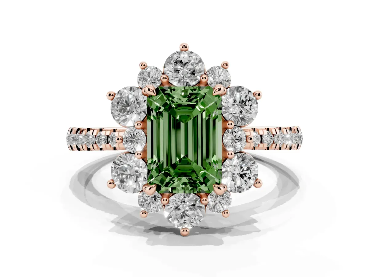 Fancy Green Emerald Cut Diamond Floral Halo Ring with Round Pavé Band and Prong Setting Rose gold