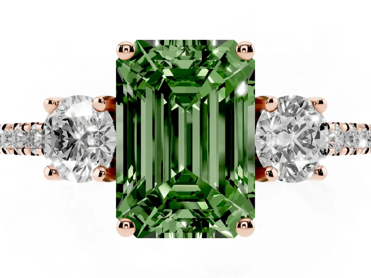 Fancy Green Three-Stone Emerald Cut Cut Diamond Pavé Band with Prong Setting Rose gold