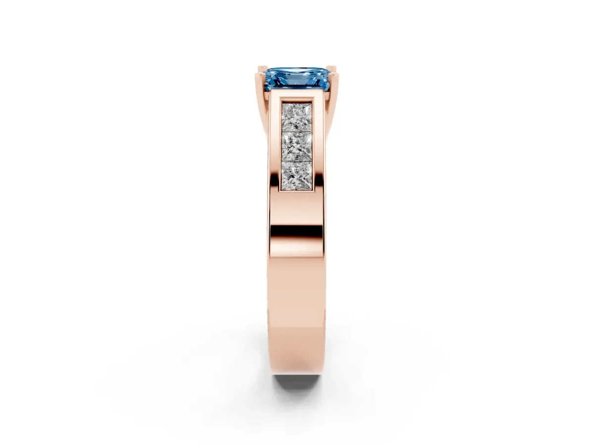 Fancy Blue Asscher Cut Cut Channel Set Solitaire Ring with Four-Prong Setting Rose gold