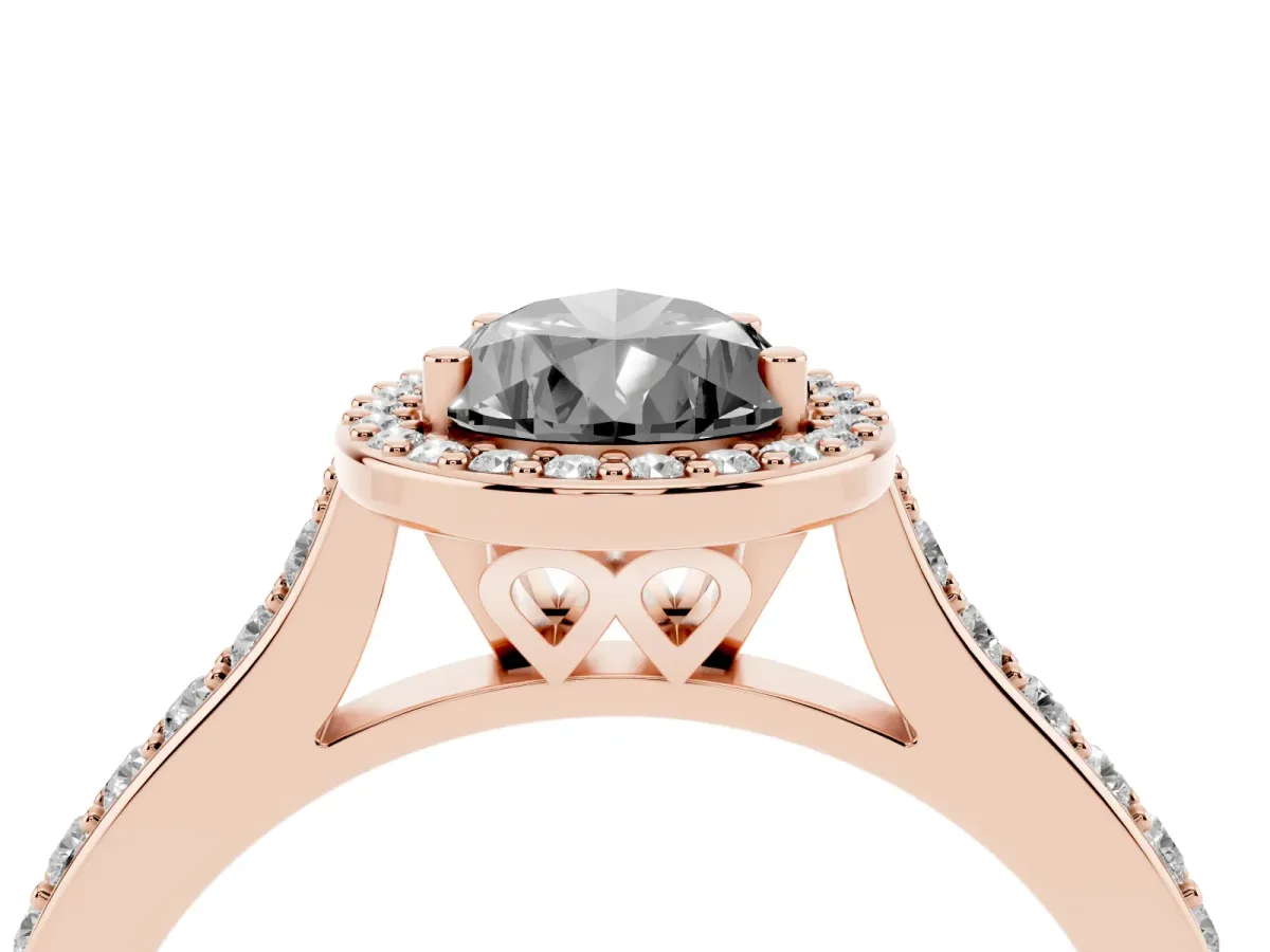 Fancy Black Pear Cut Diamond Halo Engagement Ring with Round Pavé Shoulders and Prong Setting Rose gold