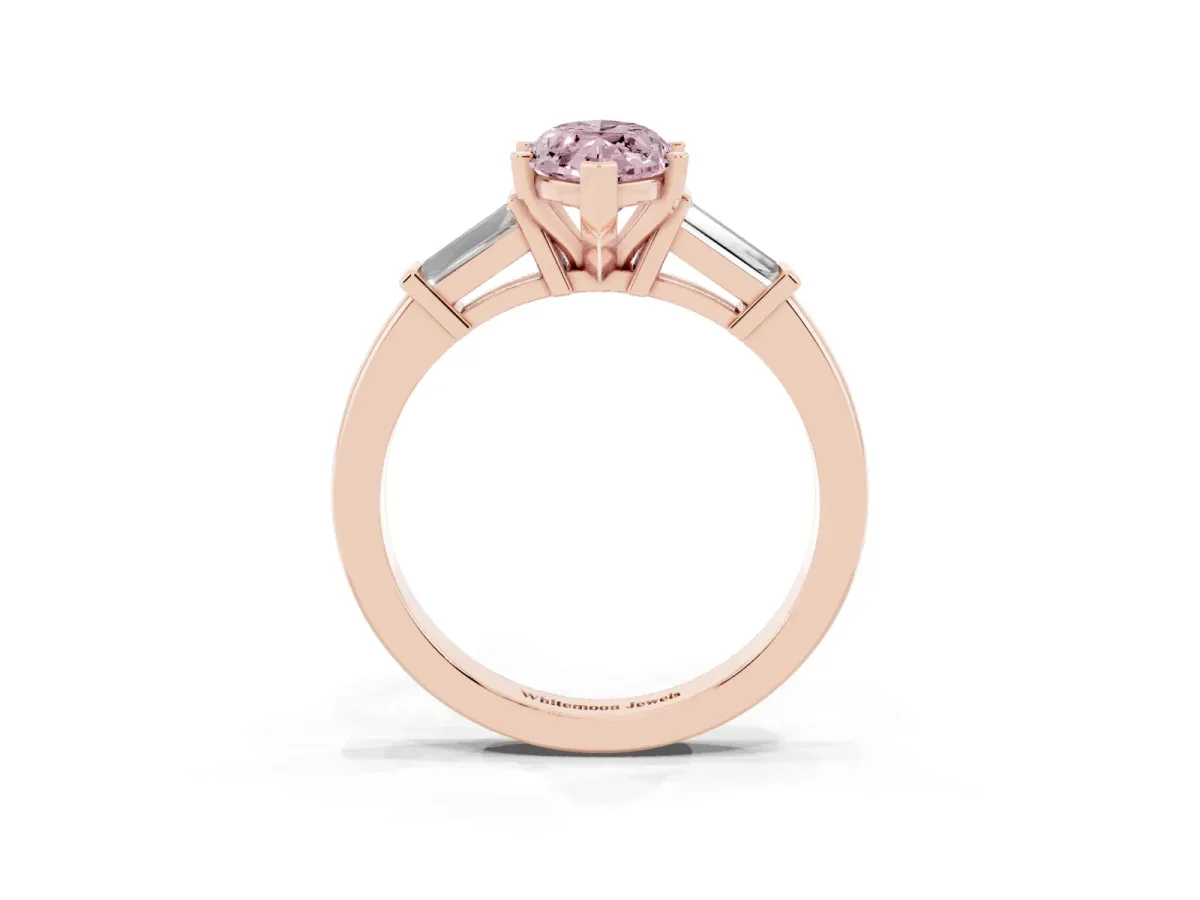 Fancy Pink Marquise Cut Cut Diamond Solitaire Ring with Tapered Baguette Accents and Four-Prong Setting Rose gold