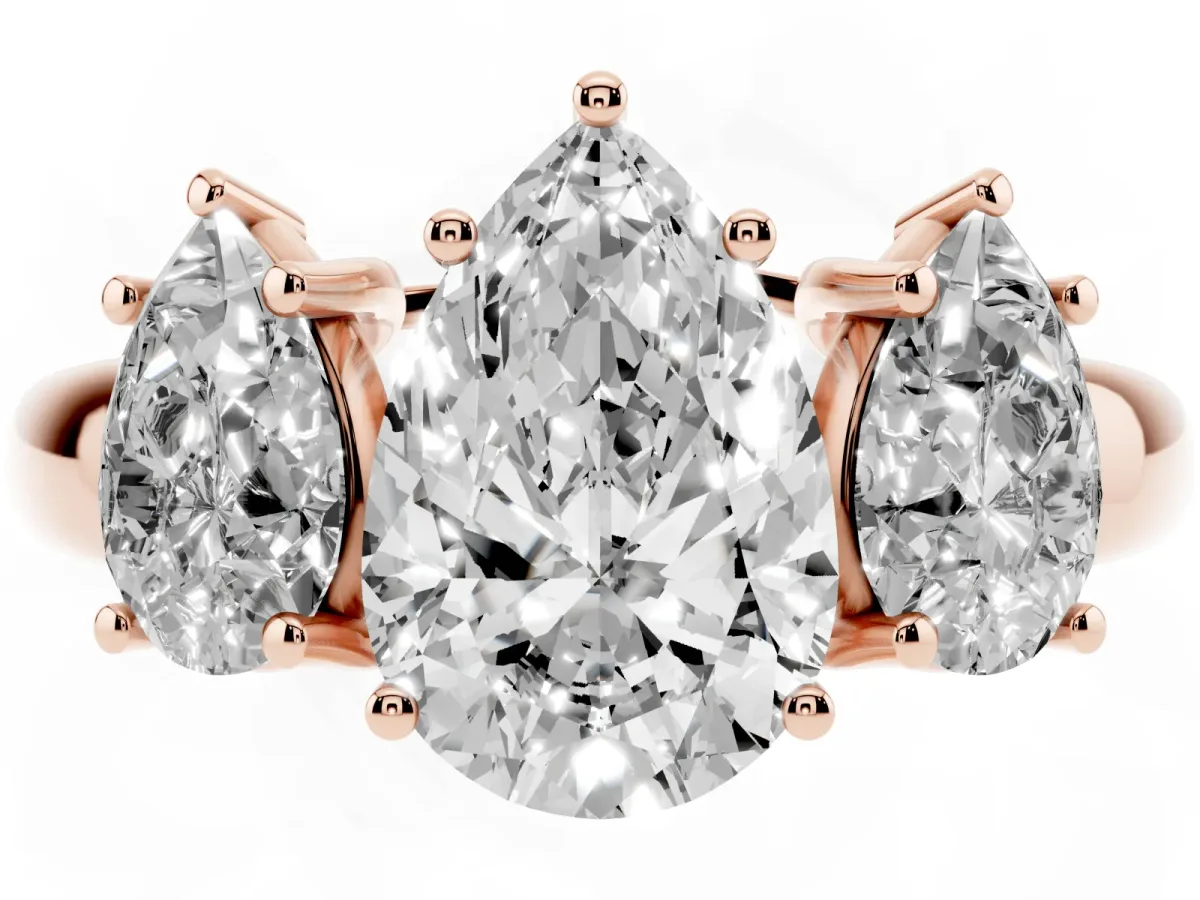 Three-Stone Pear Cut Diamond Engagement Ring with Prong Setting Rose gold