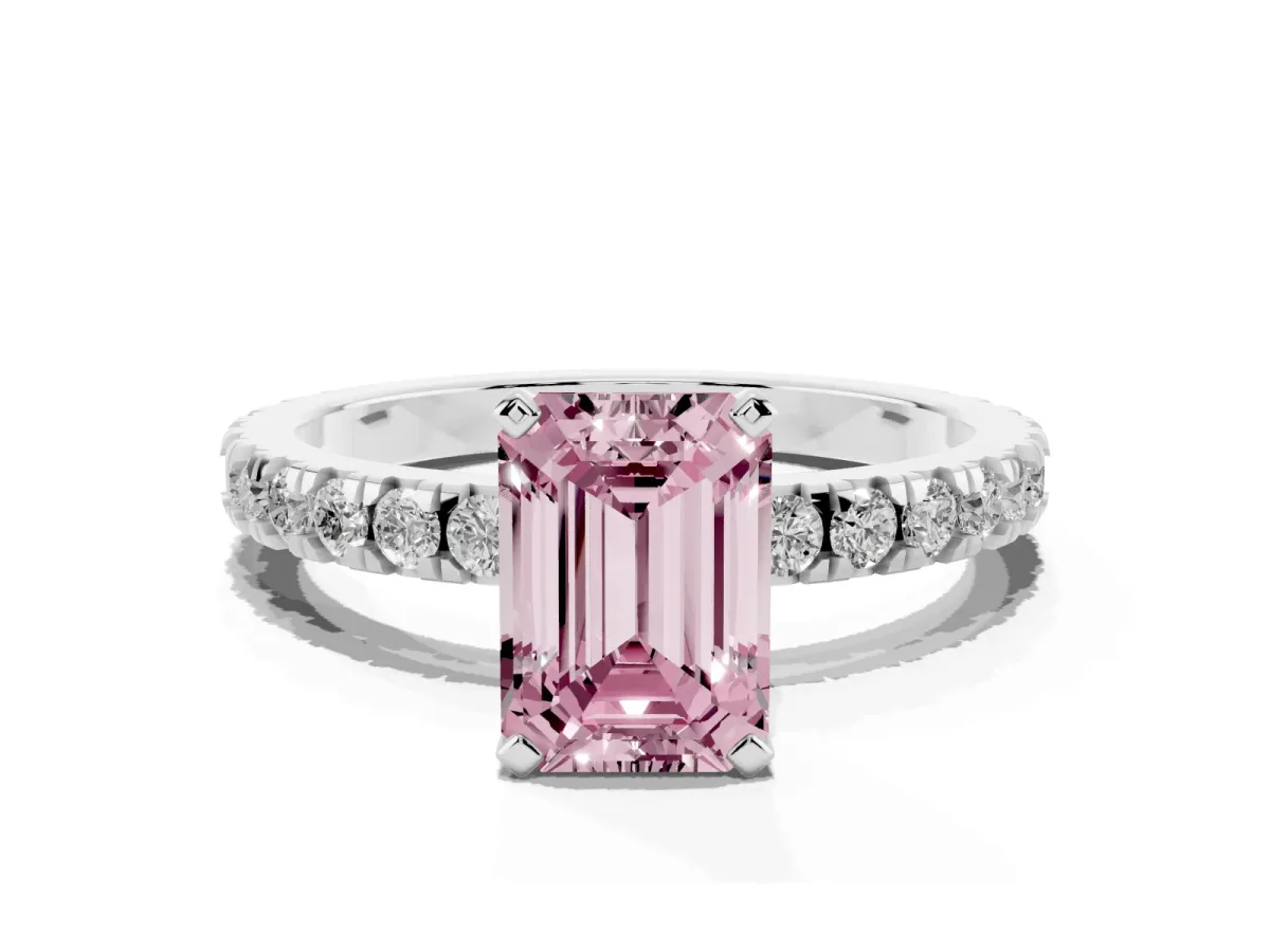 Fancy Pink Emerald Cut Diamond Pavé Band Solitaire with Four-Prong Setting Silver