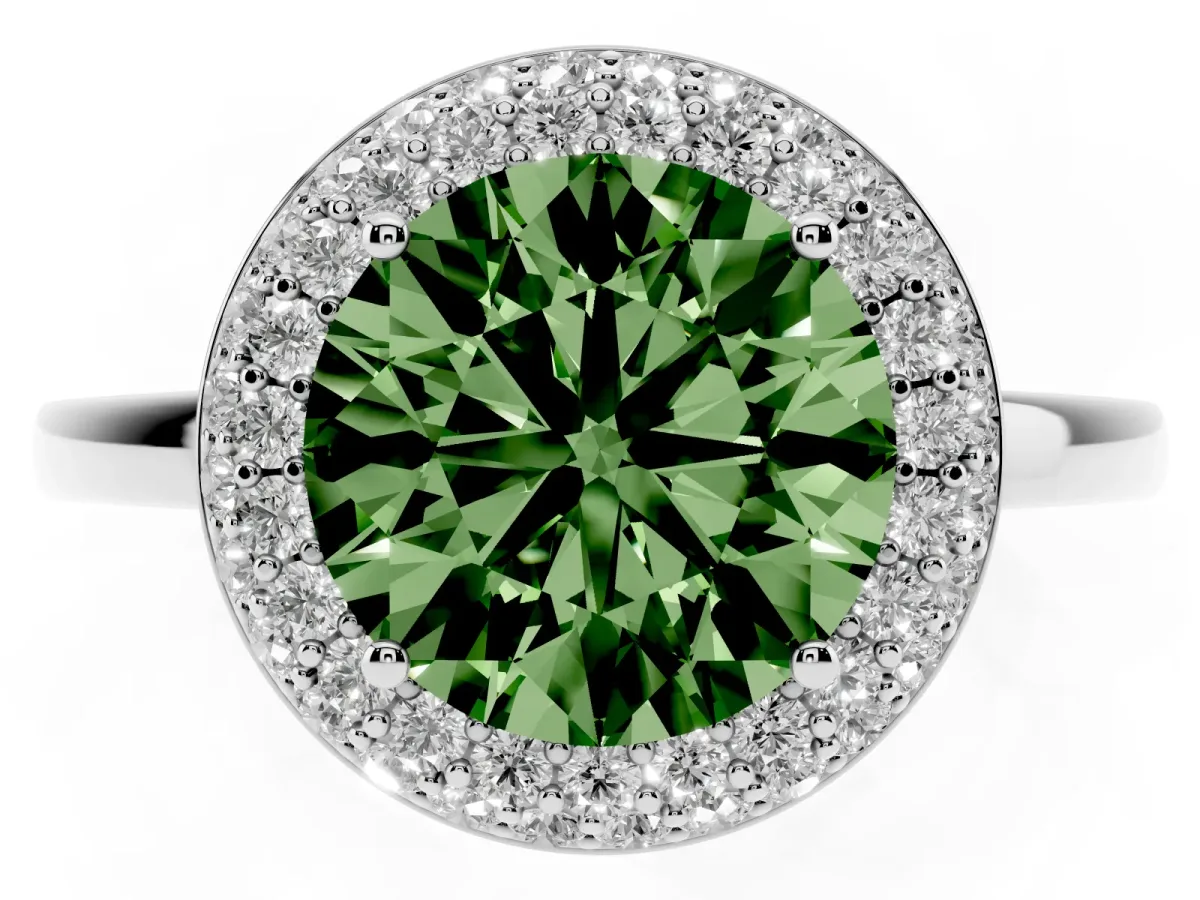 Fancy Green Round Cut Halo Diamond Engagement Ring with Solitaire Band and Four-Prong Setting Platinum