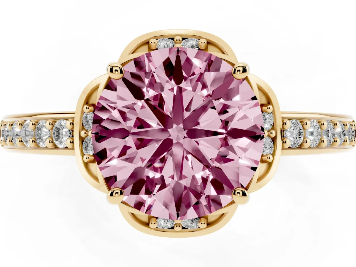 Fancy Pink Round Cut Cut Halo Diamond Ring with Channel Set Band and Four-Prong Setting Yellow gold