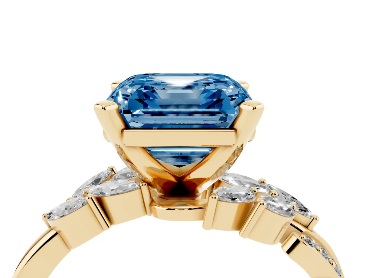 Fancy Blue Asscher Cut Solitaire Marquise Twist Band with Six-Prong Setting Yellow gold