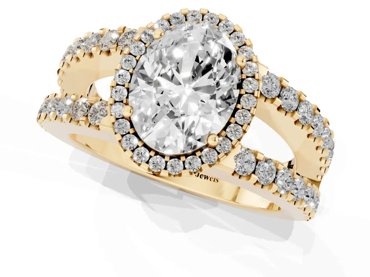 Oval Cut Cut Halo Split Shank Diamond Ring with Four-Prong Setting Yellow gold