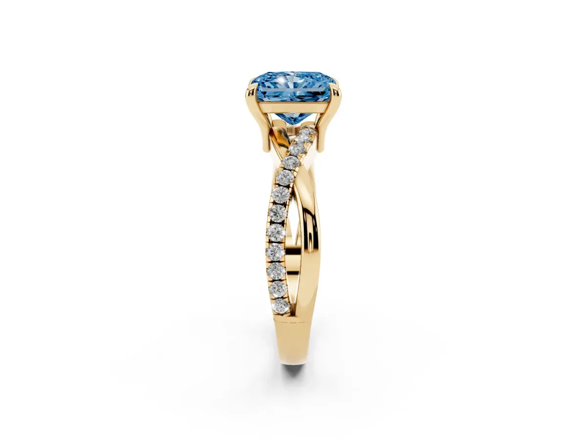 Fancy Blue Radiant Cut Cut Diamond Twist Band Solitaire with Prong Setting Yellow gold