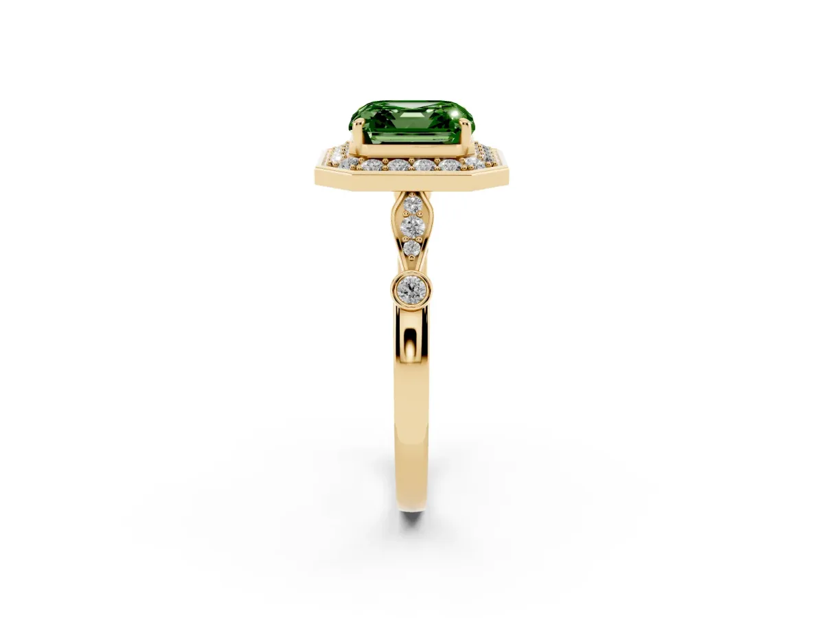 Fancy Green Asscher Cut Halo Diamond Engagement Ring with Twisted Band and Four-Prong Setting Yellow gold