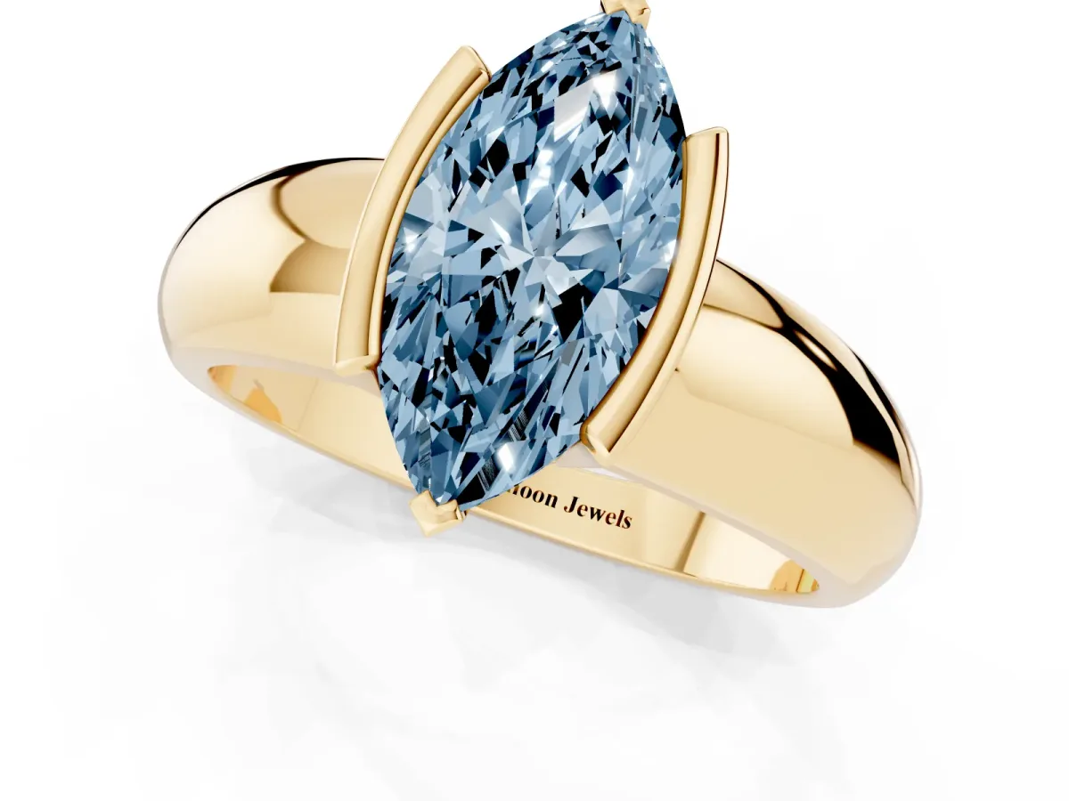 Fancy Blue Marquise Cut Solitaire Tension Set Diamond Ring with Wide Band Yellow gold