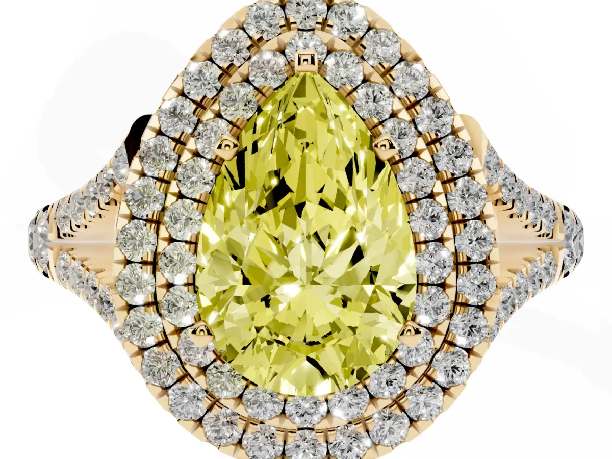 Fancy Yellow Double Halo Pear Cut Diamond Split Shank Engagement Ring with Four-Prong Setting Yellow gold