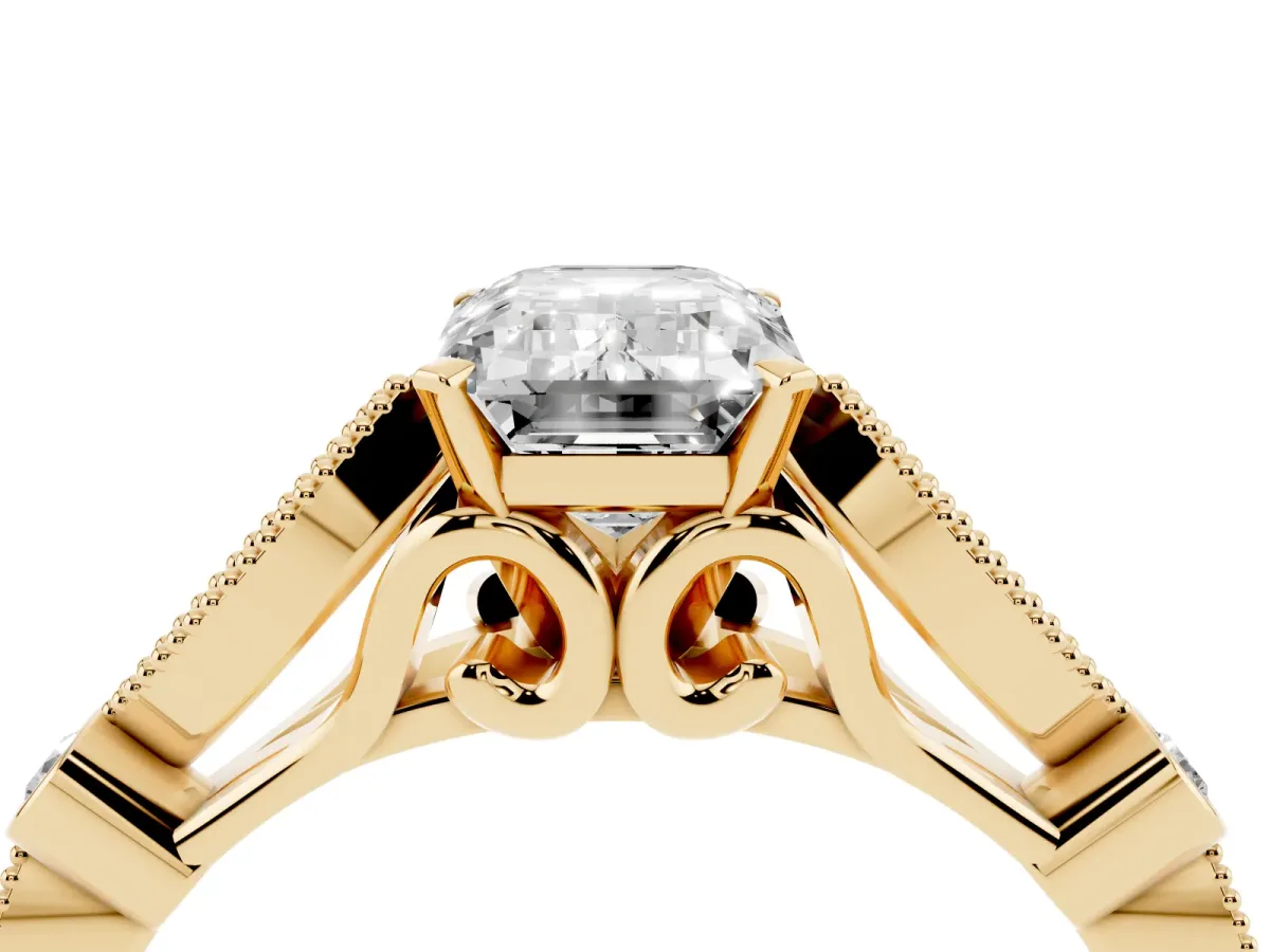 Emerald Cut Cut Diamond with Milgrain Marquise and Bezel Accents on a Solitaire Band with Prong Setting Yellow gold