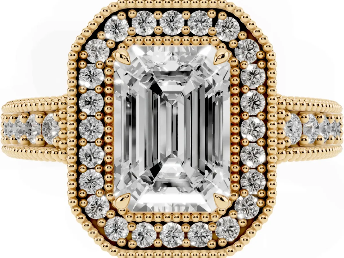 Emerald Cut Cut Halo Diamond Ring with Pavé Band and Four-Prong Setting Yellow gold