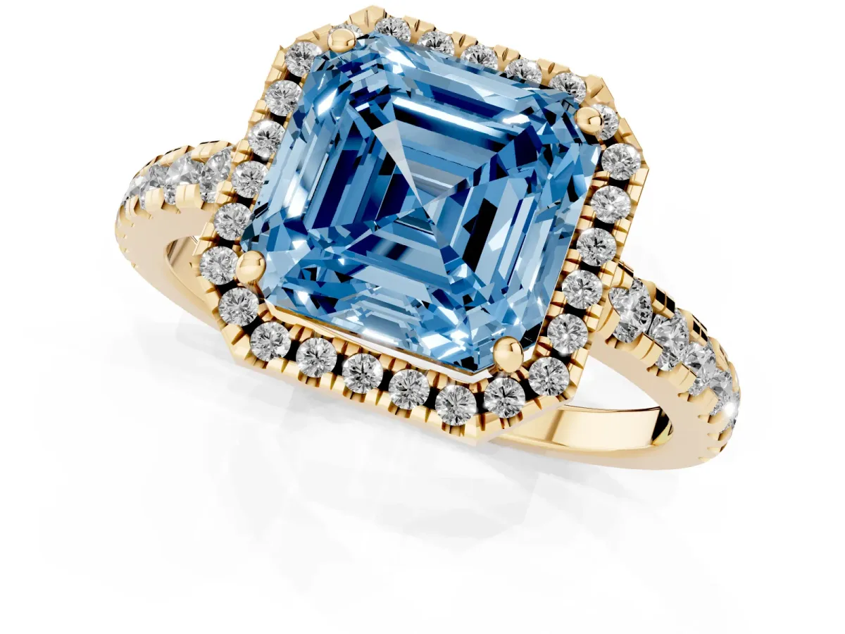 Fancy Blue Asscher Cut Diamond Halo Ring with Pavé Band and Four-Prong Setting Yellow gold