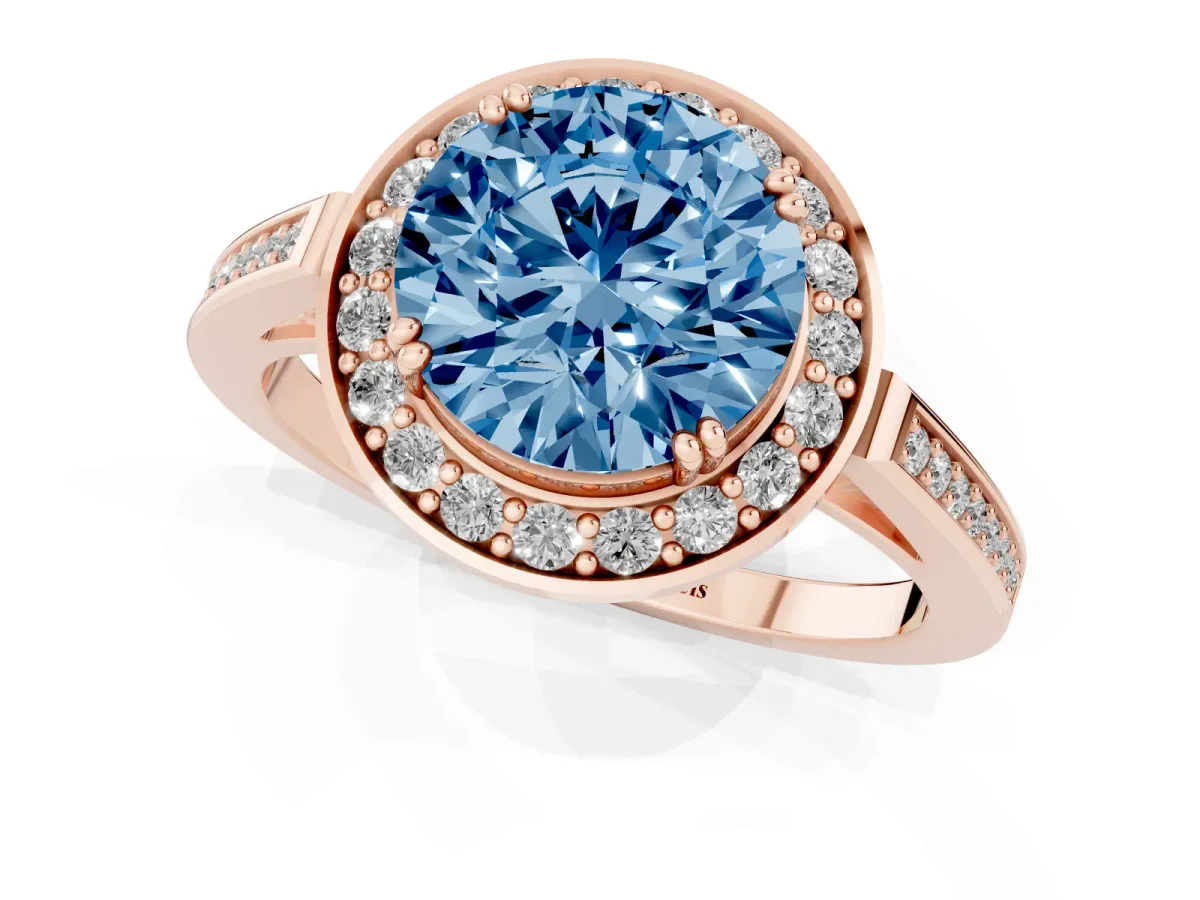 Fancy Blue Round Cut Diamond Halo Ring with Split Shank and Four-Prong Setting Rose gold