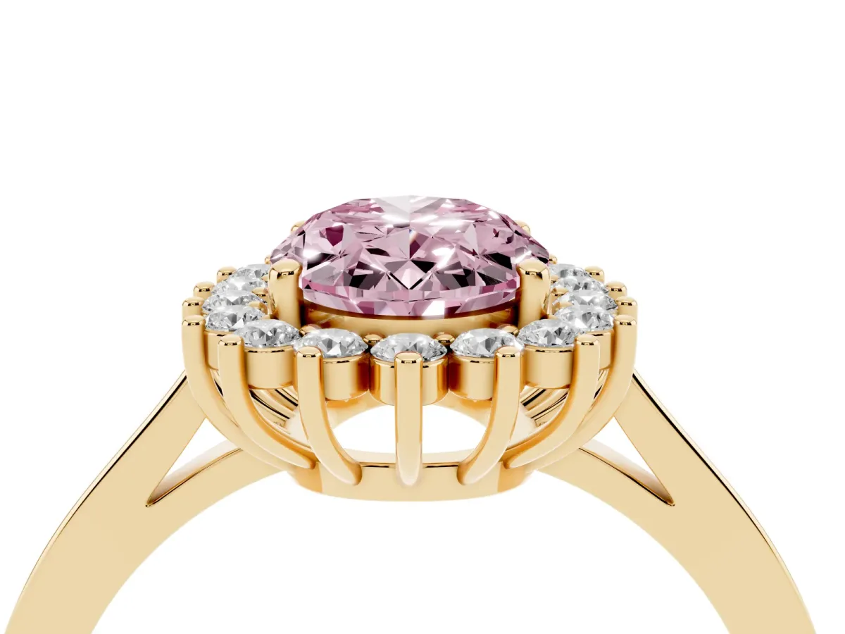 Fancy Pink Oval Cut Cut Diamond Halo Ring with Round Brilliant Halo and Solitaire Band Yellow gold
