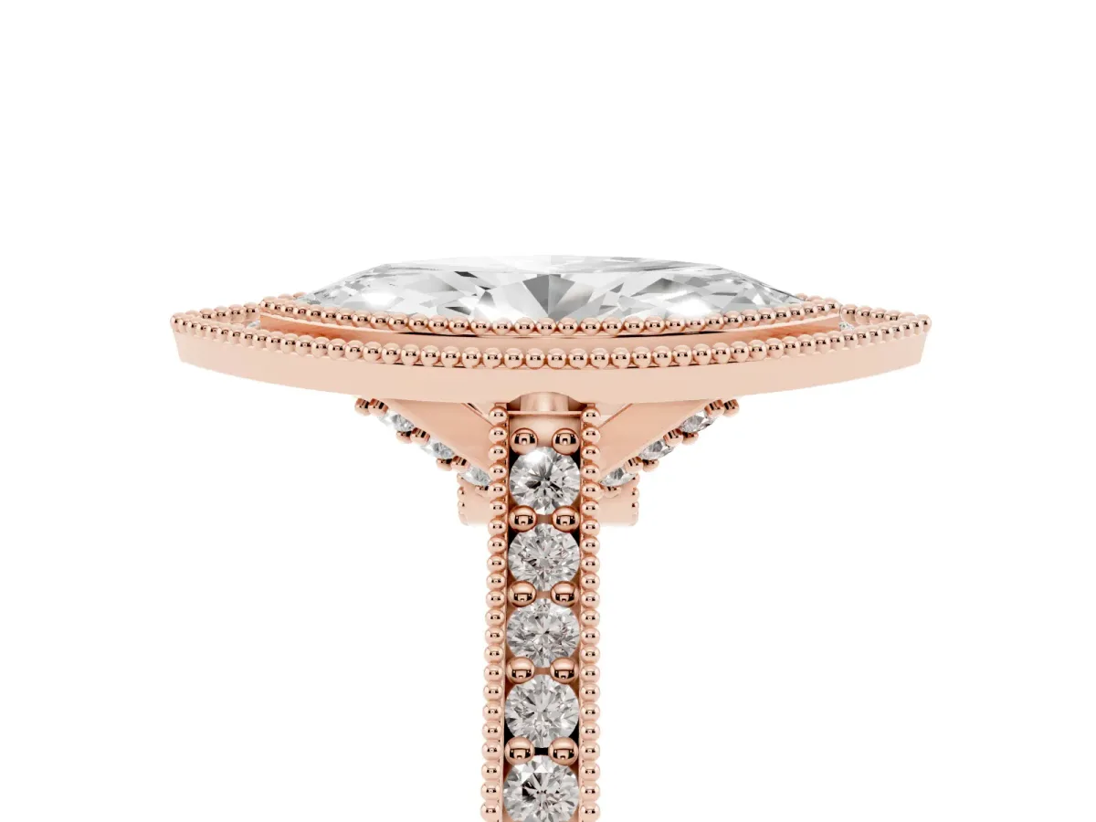 Halo Marquise Cut-Cut Diamond Pave Band Milgrain Prong Setting Ring Rose gold