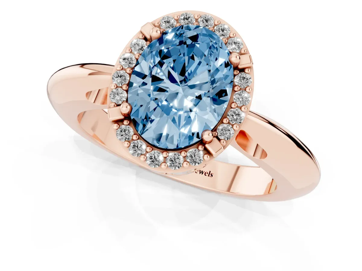Fancy Blue Oval Cut Cut Diamond Halo Engagement Ring with Split Shank and Four-Prong Setting Rose gold