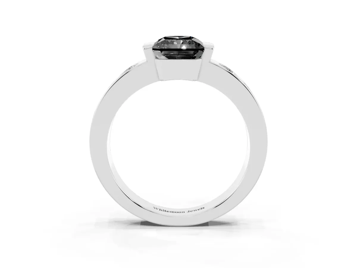 Fancy Black Radiant Cut Brilliant Channel-Set Diamond Ring with Bezel Prong Setting Platinum