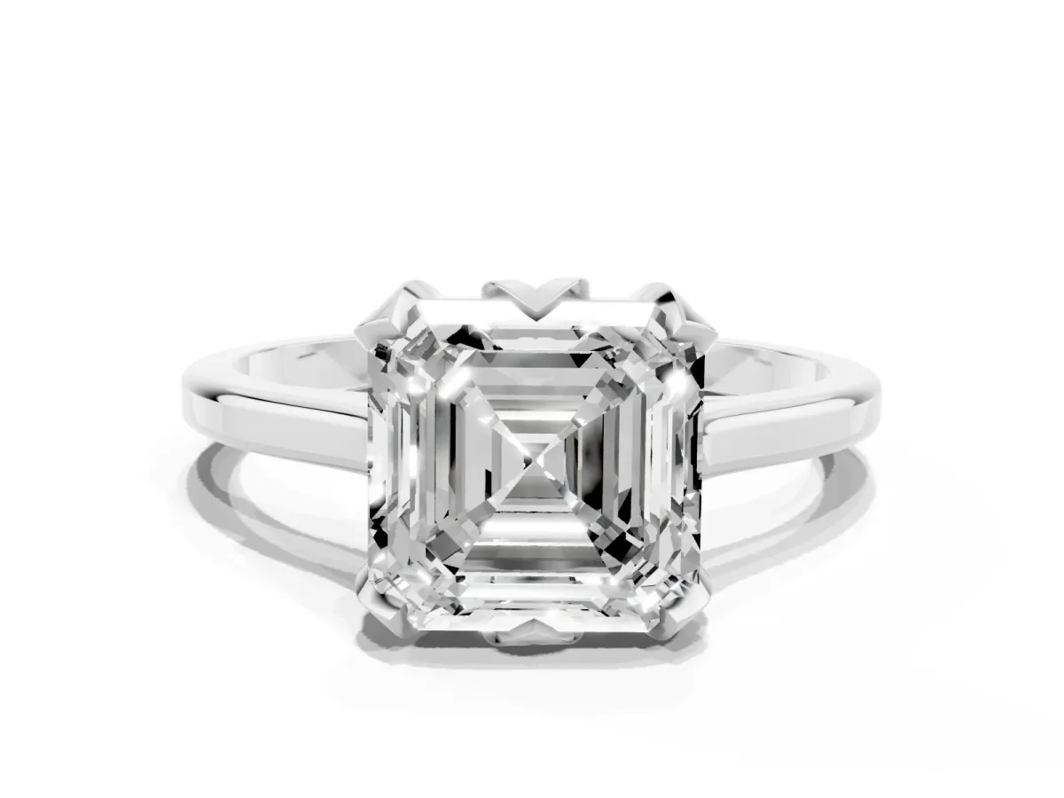 Asscher Cut Diamond Solitaire Ring with Flower Prong Setting and Classic Band Silver