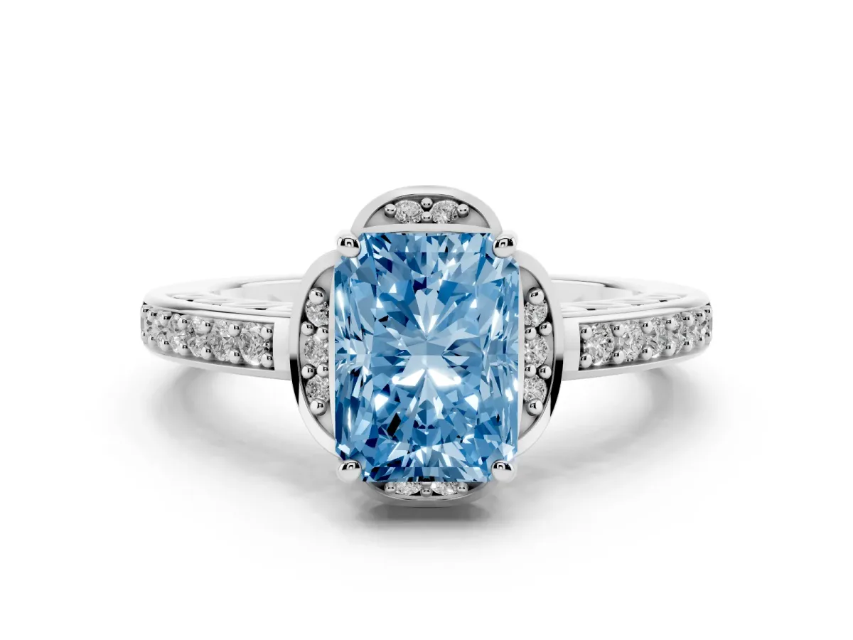 Fancy Blue Radiant Cut Cut Halo Diamond Ring with Channel Set Band and Four-Prong Setting White gold
