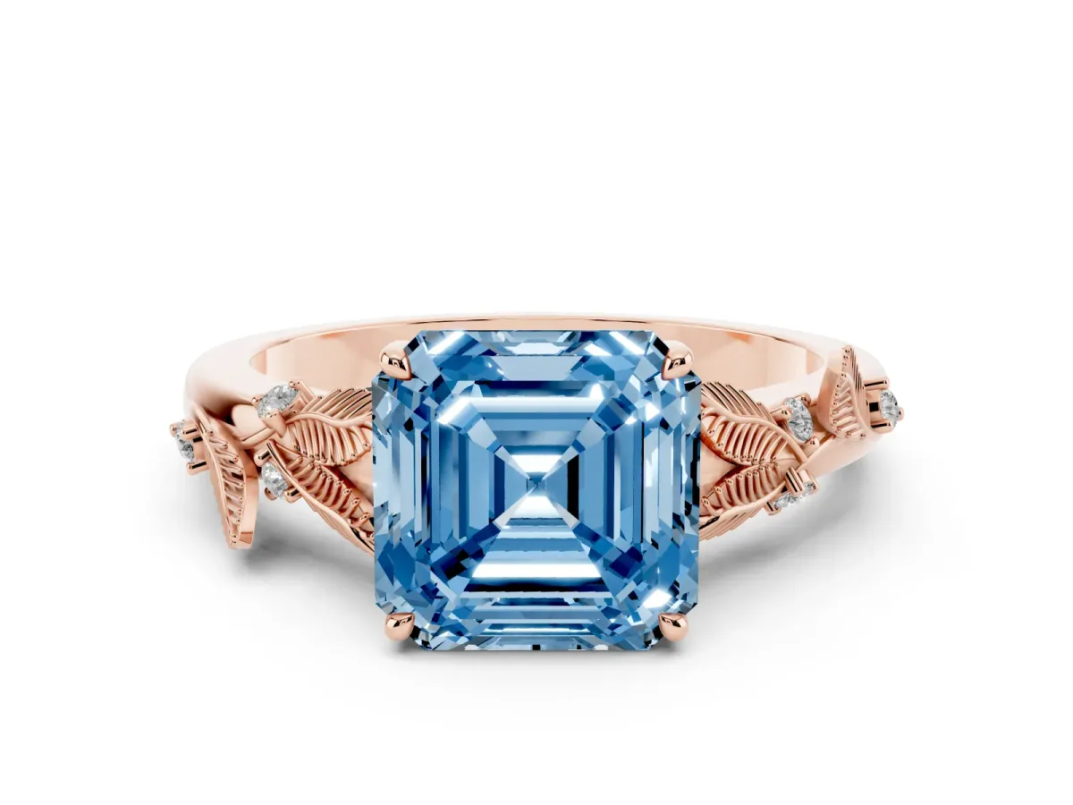 Fancy Blue Asscher Cut Diamond Solitaire Ring with Leaf Motif Band and Four-Prong Setting Rose gold