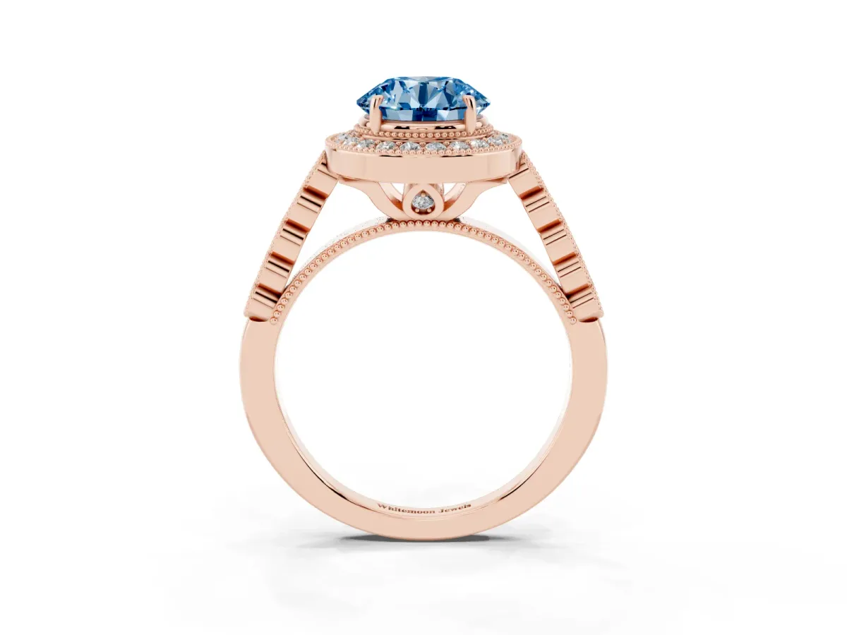 Fancy Blue Round Cut Halo Milgrain Solitaire with Bezel Set Side Stones and Pave Band Rose gold