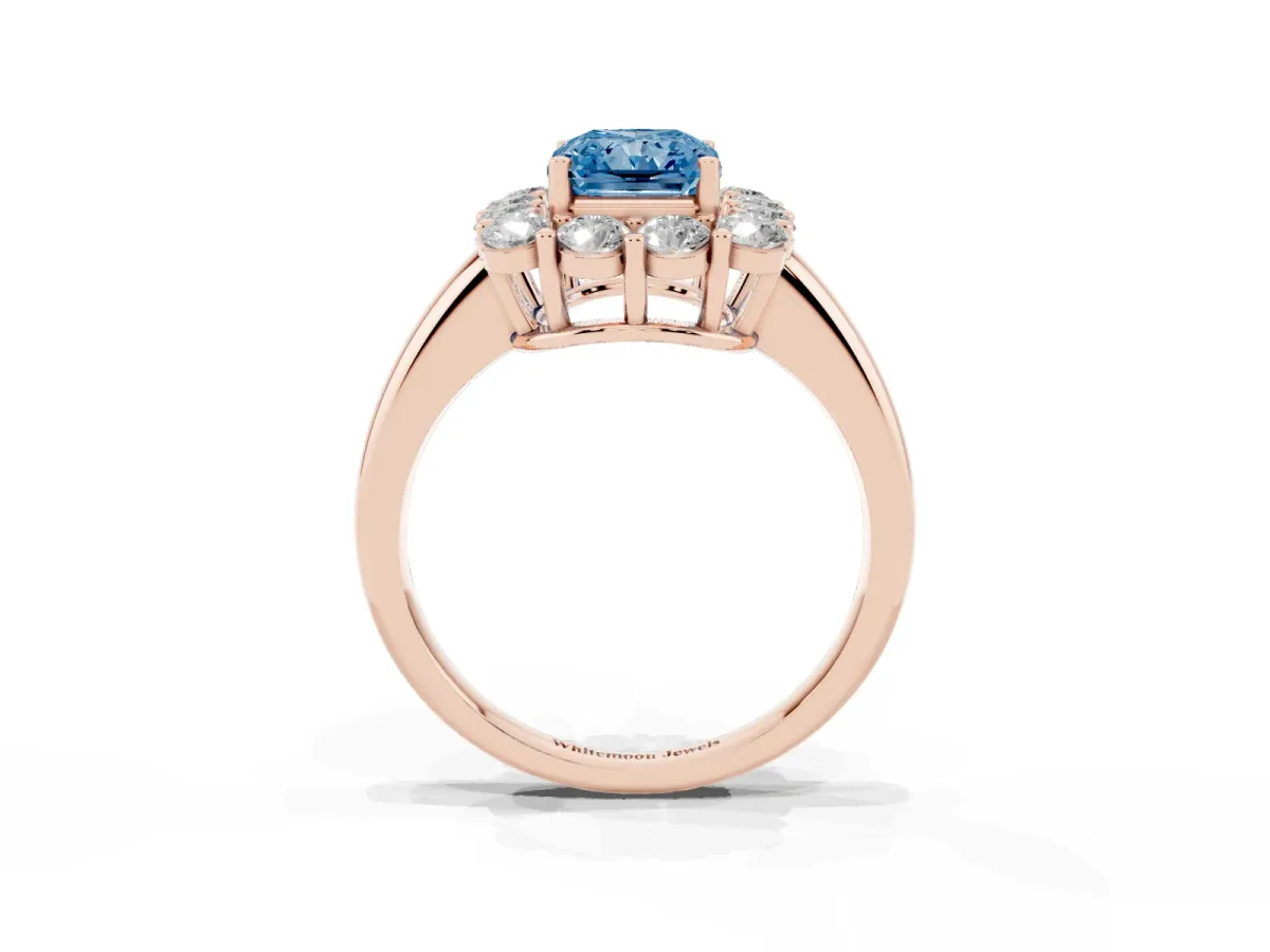 Fancy Blue Radiant Cut Halo Cluster Diamond Engagement Ring with Prong Setting and Polished Band Rose gold