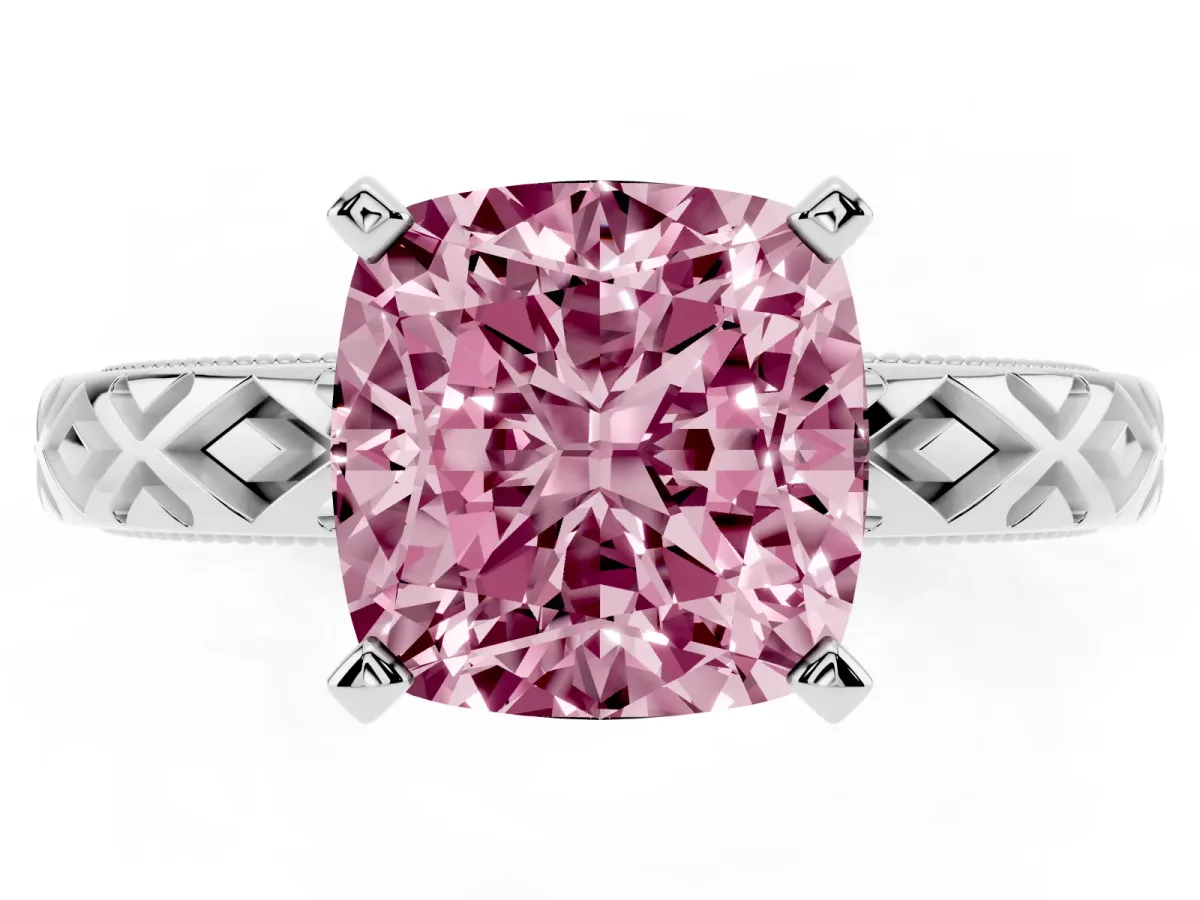 Fancy Pink Cushion Cut Solitaire Diamond Ring with Milgrain and Black Enamel X Pattern Band Silver