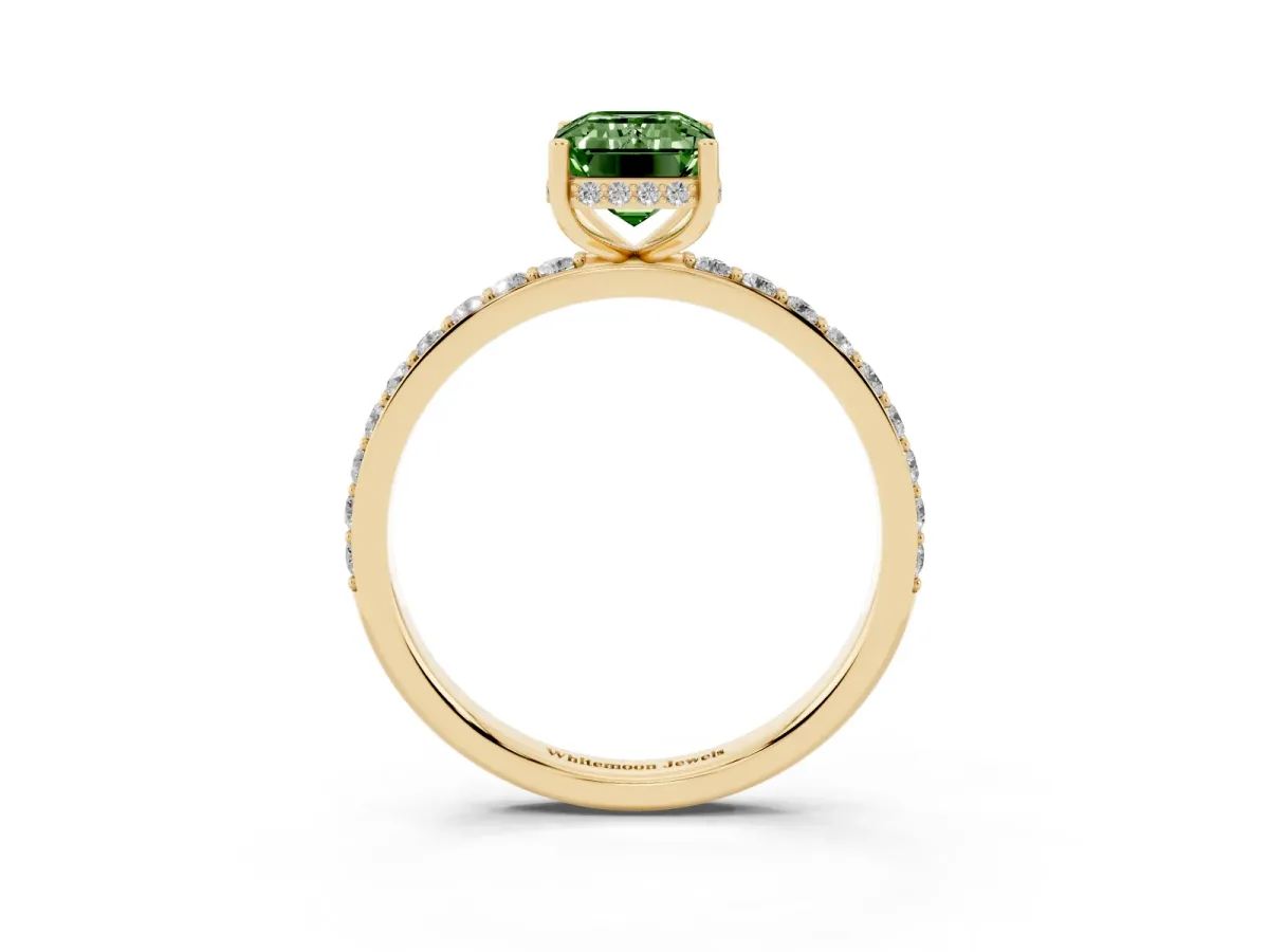 Fancy Green Emerald Cut Diamond Solitaire Ring with Pavé Band and Hidden Halo Yellow gold