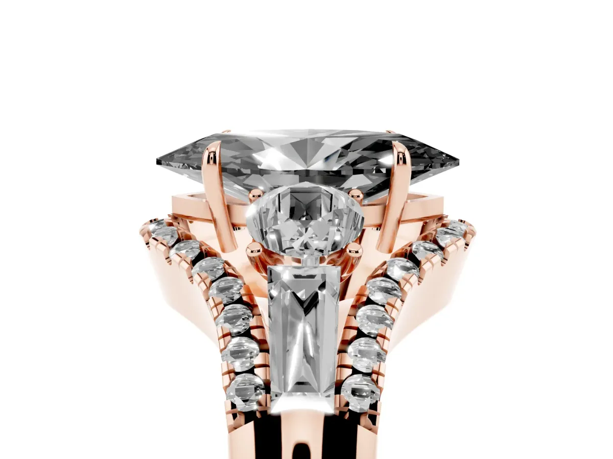 Fancy Black Three-Stone Marquise Cut Diamond Engagement Ring with Pave Band and Prong Setting Rose gold