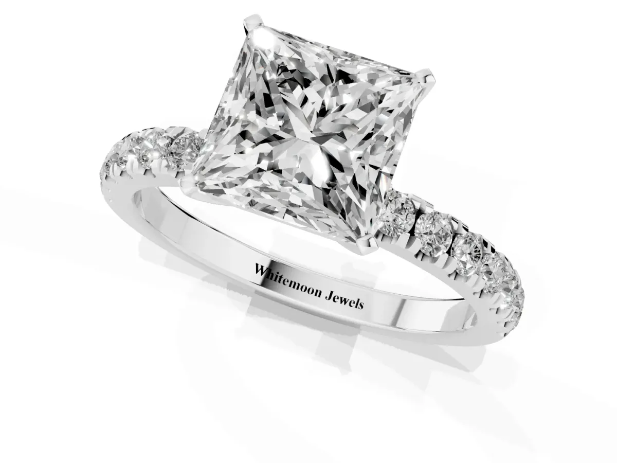 Princess Cut Diamond Solitaire Ring with Pavé Accents and Four-Prong Setting Silver