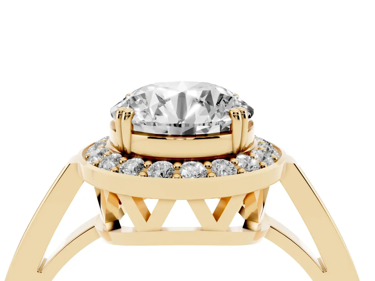 Round Cut Diamond Halo Ring with Split Shank and Four-Prong Setting Yellow gold